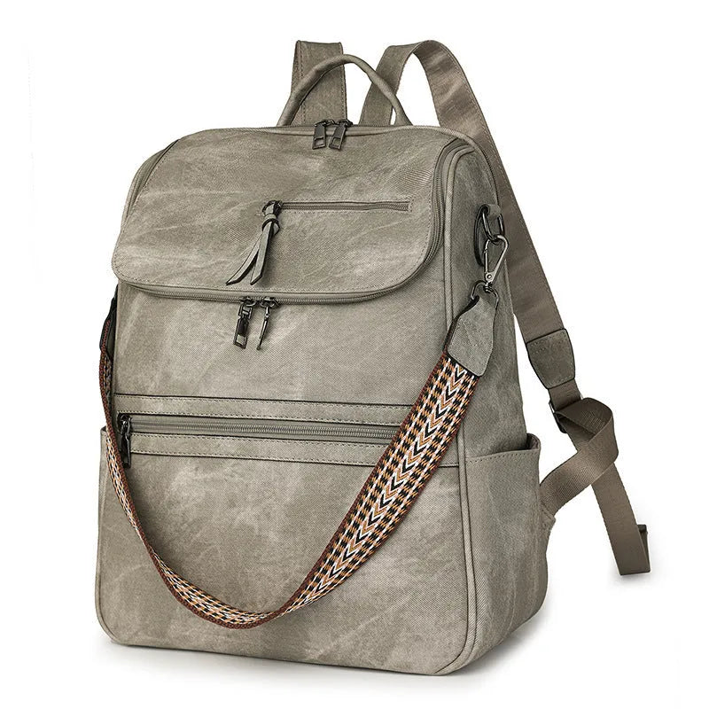 Retro college backpack with curved shoulder straps in multiple colour options including black, blue, grey, and coffee tones