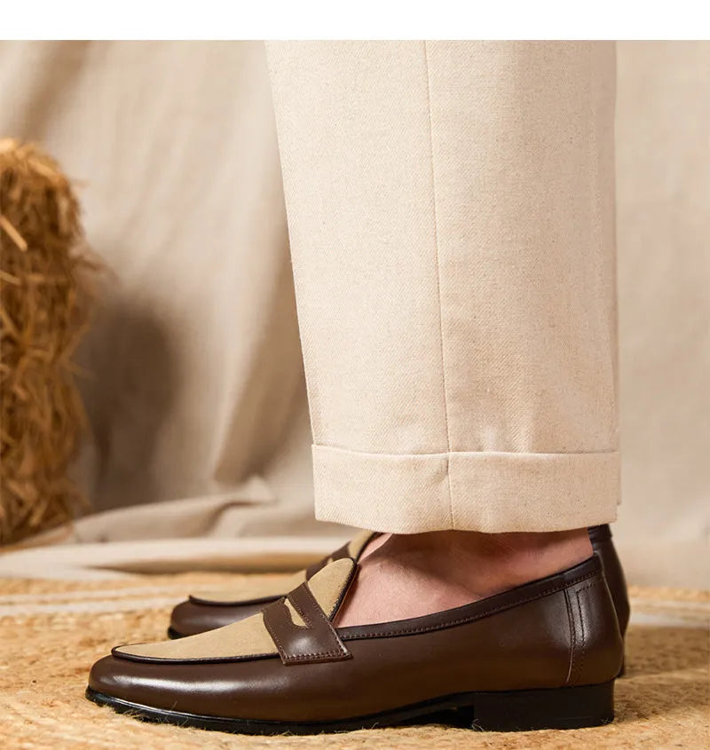 Coffee grey suede loafers with one-kick closure and rubber sole