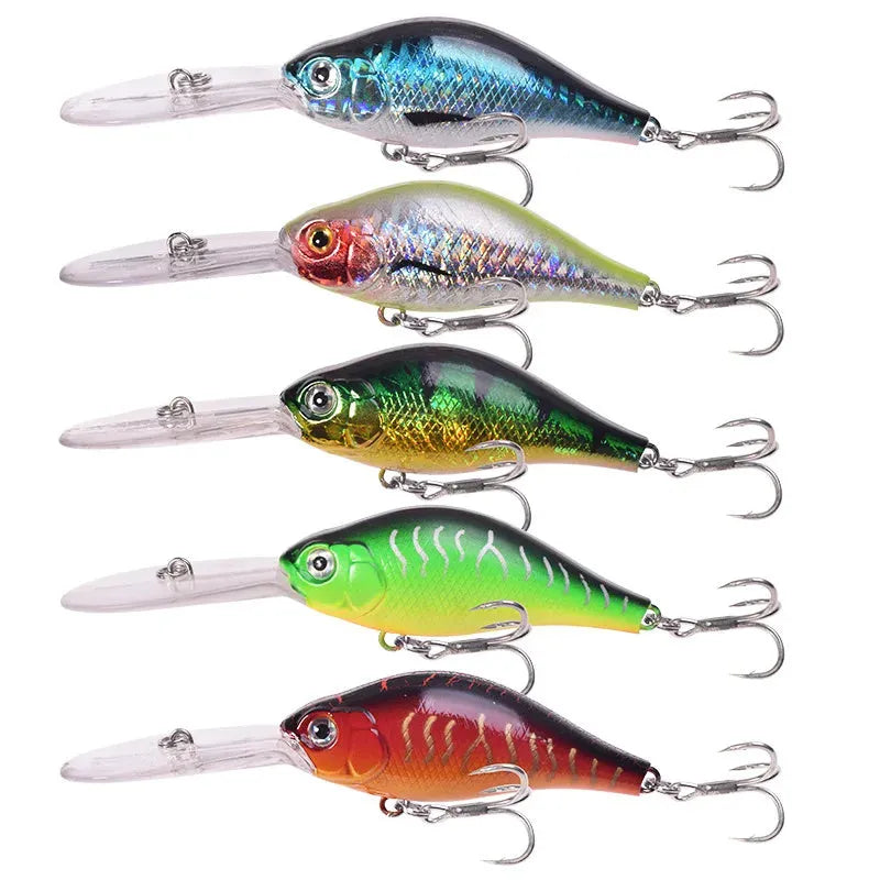 Little Fat Man deep diving minnow fishing lure showing colour options, 10.5cm in length.