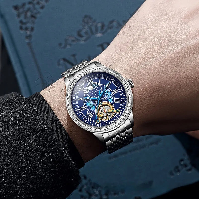 Men's stainless steel mechanical watch with round dial, transparent case back, and butterfly buckle