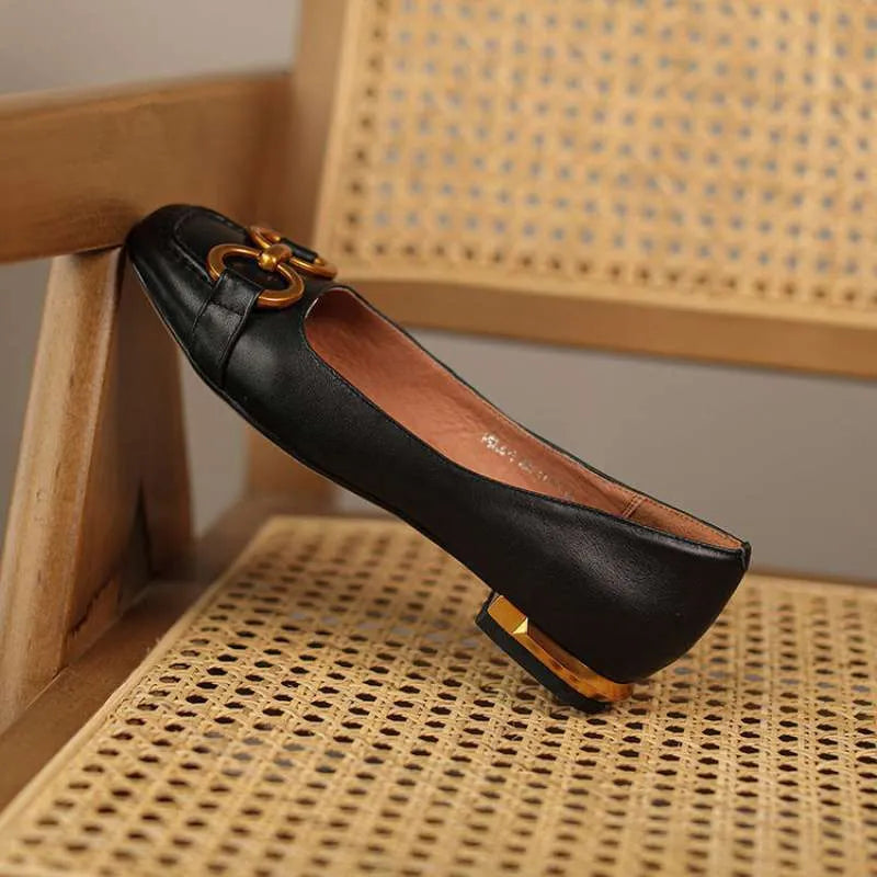 Women's Wanwan Lei style black pumps with metal detail, square toe, and over 8cm high heel.