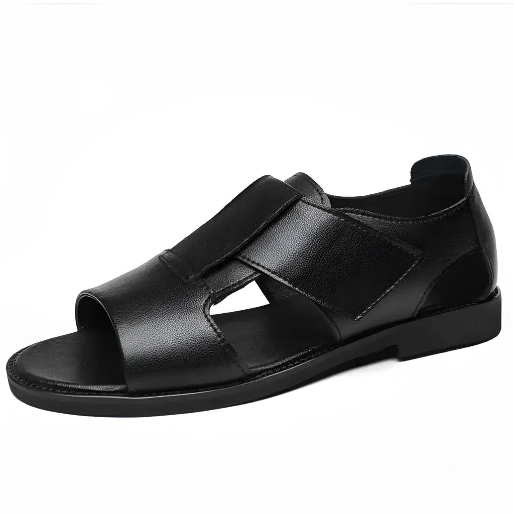 Men's black and brown leather open-toe casual sandals with rubber soles, shown from the side.
