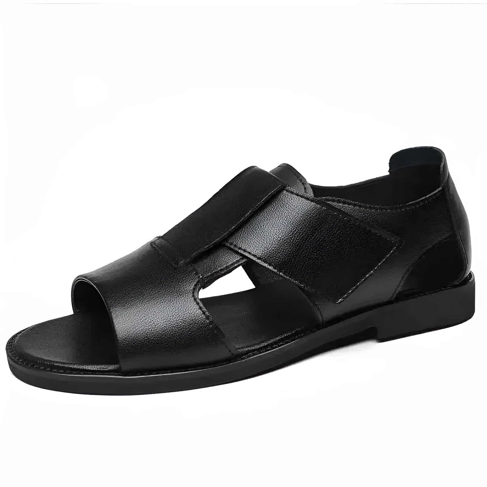 Men's black and brown leather open-toe casual sandals with rubber soles, shown from the side.