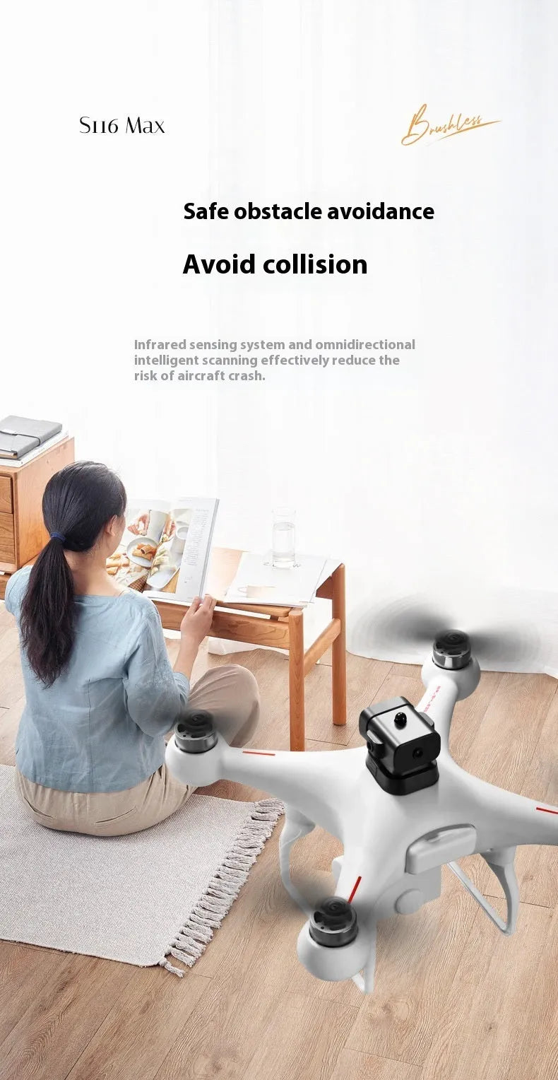 S116 brushless UAV drone with obstacle avoidance sensors and HD camera in black or white colours