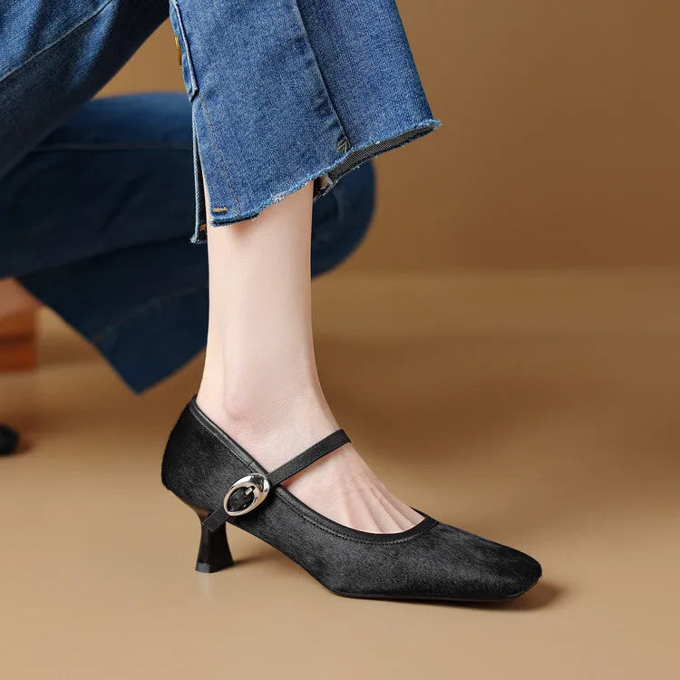 Women's black square toe stiletto ankle-strap high heel shoe made from horse hair.
