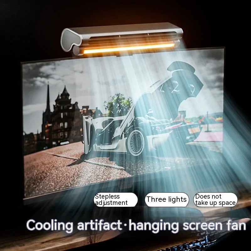 Black bladeless USB laptop cooling fan with integrated eye-protection lamp clipped to computer screen