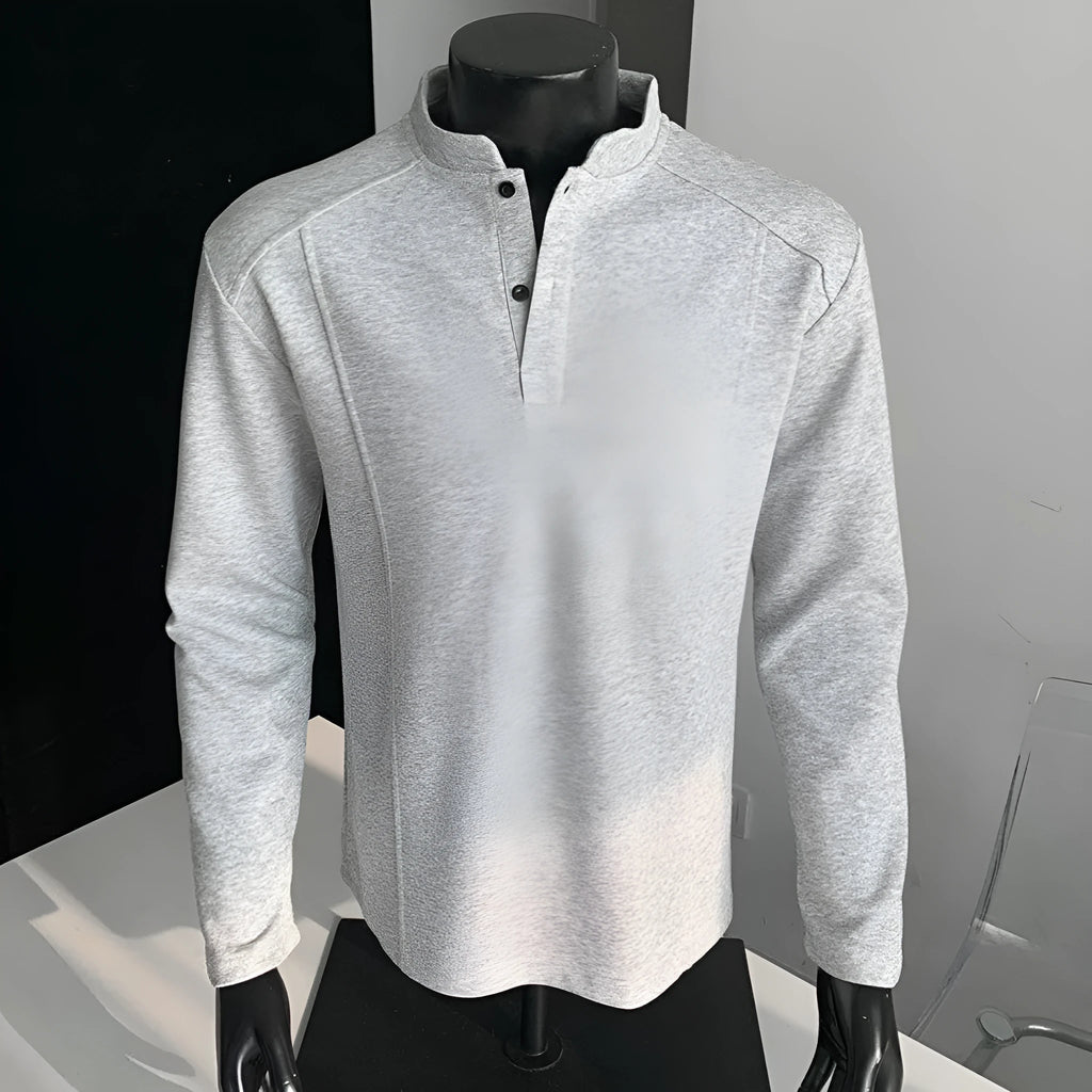Men's asymmetric patchwork stand-up collar polo shirt in Chinese cotton fabric with loose fit
