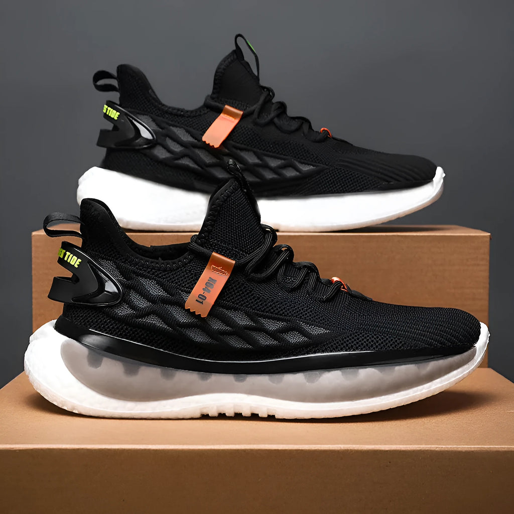 Men's white casual sneakers with woven mesh upper, platform rubber sole, and front lace-up closure.