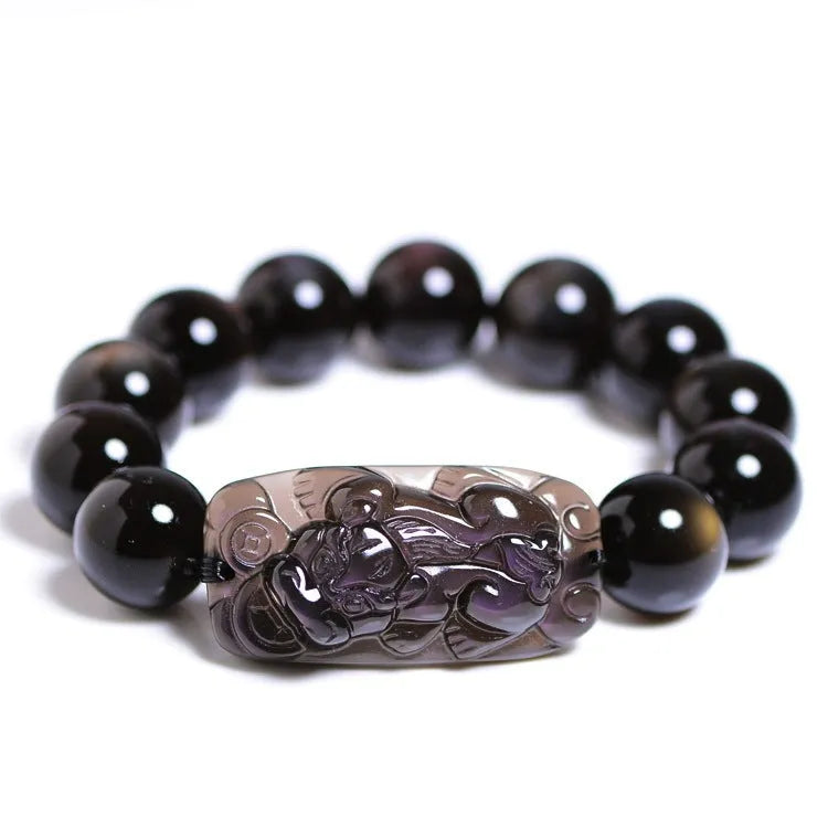 Polished icy obsidian crystal Pi Xiu bracelet with geometric beads in multiple sizes