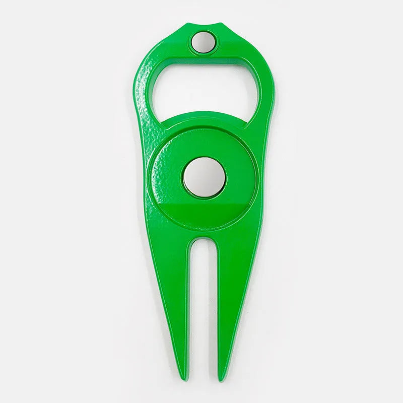 Zinc alloy golf tool with ball fork, yoke, and bottle opener functions in black, green, or silver