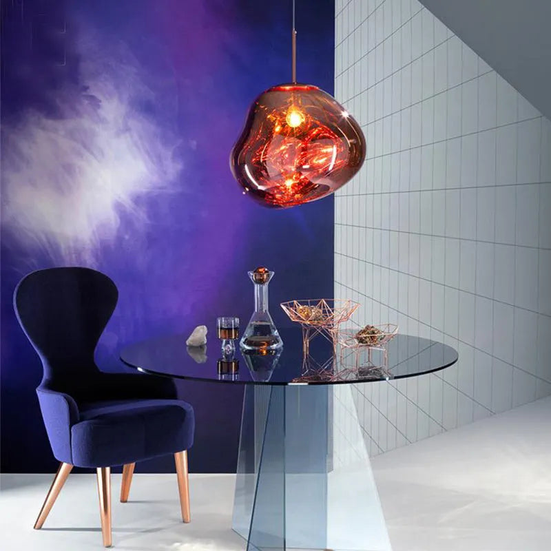 Nordic style irregular glass lava lamp chandelier in gold, silver, or red copper, available in three different sizes.