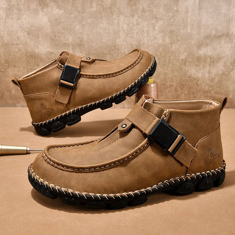 Handmade stitching casual flat bottom slip on shoes in synthetic leather available black green brown
