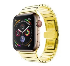 Silver metal Apple Watch band with butterfly clasp on a 40mm compatible watch case.