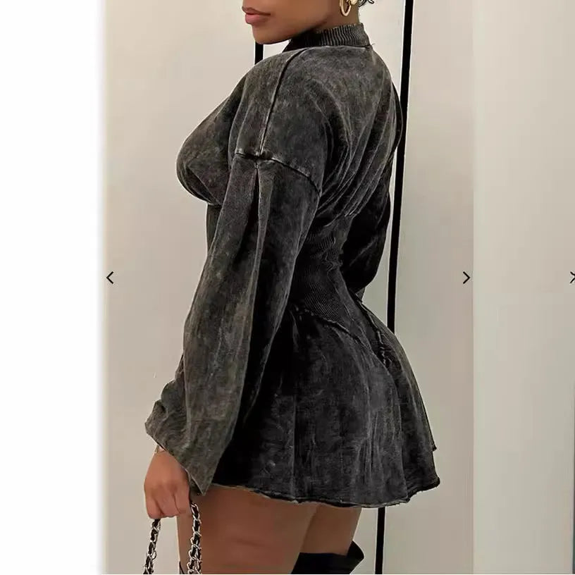 Grey digital print slim-fit dress with drawstring waist and A-line skirt, long sleeves.