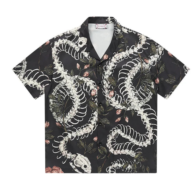 Men's snake bone pattern printed short sleeve Cuban collar shirt in loose cardigan style