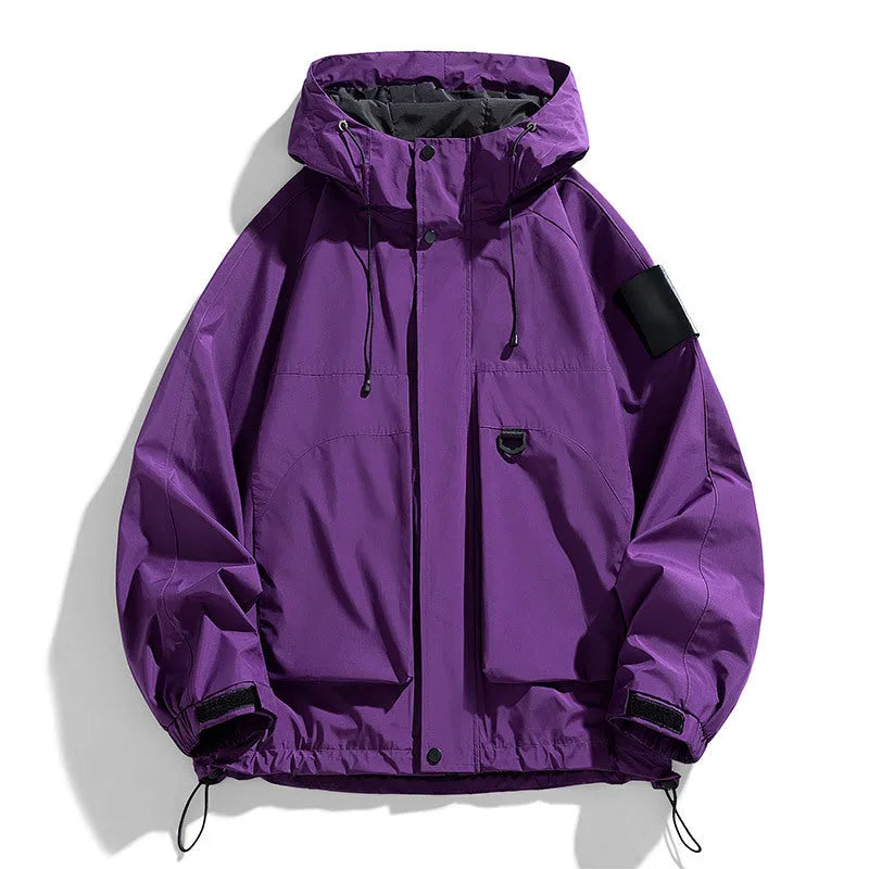 Men's black waterproof windproof hooded jacket showing long sleeves and regular length