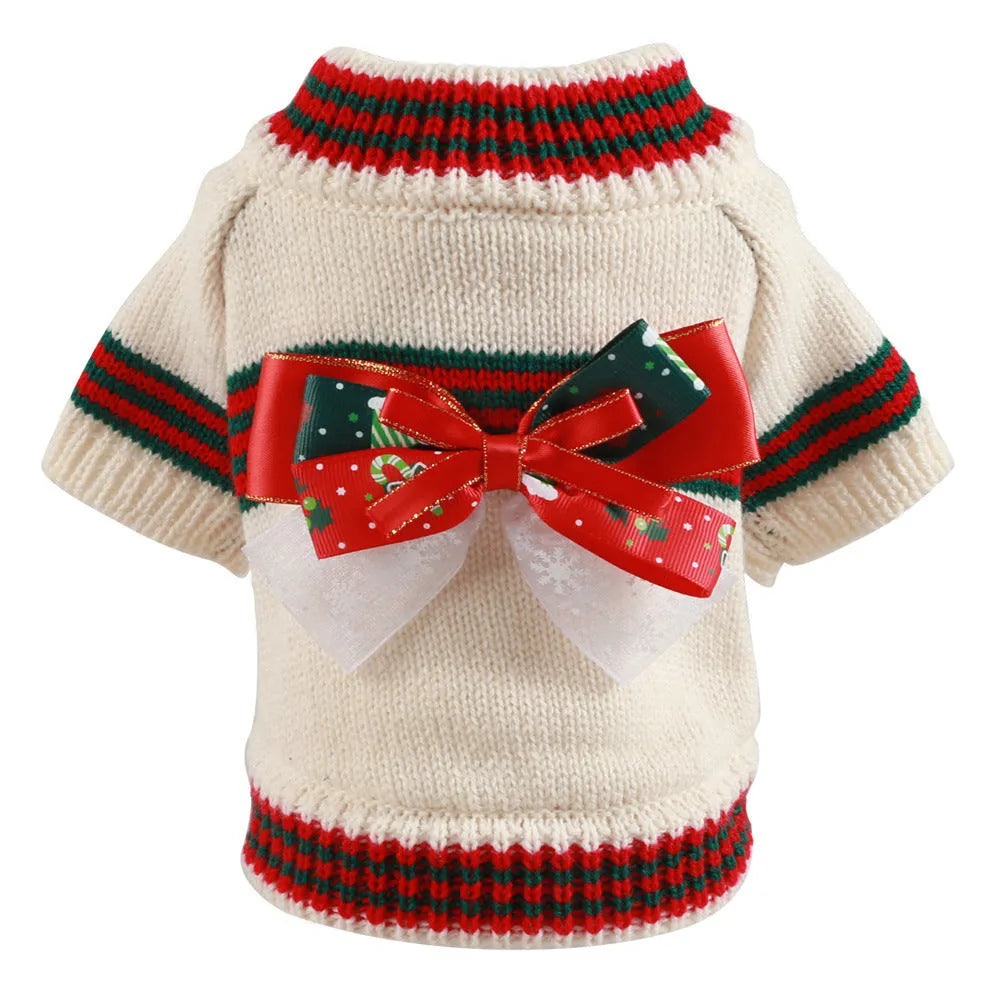 Green Christmas pet sweater for a small dog on a festive background.