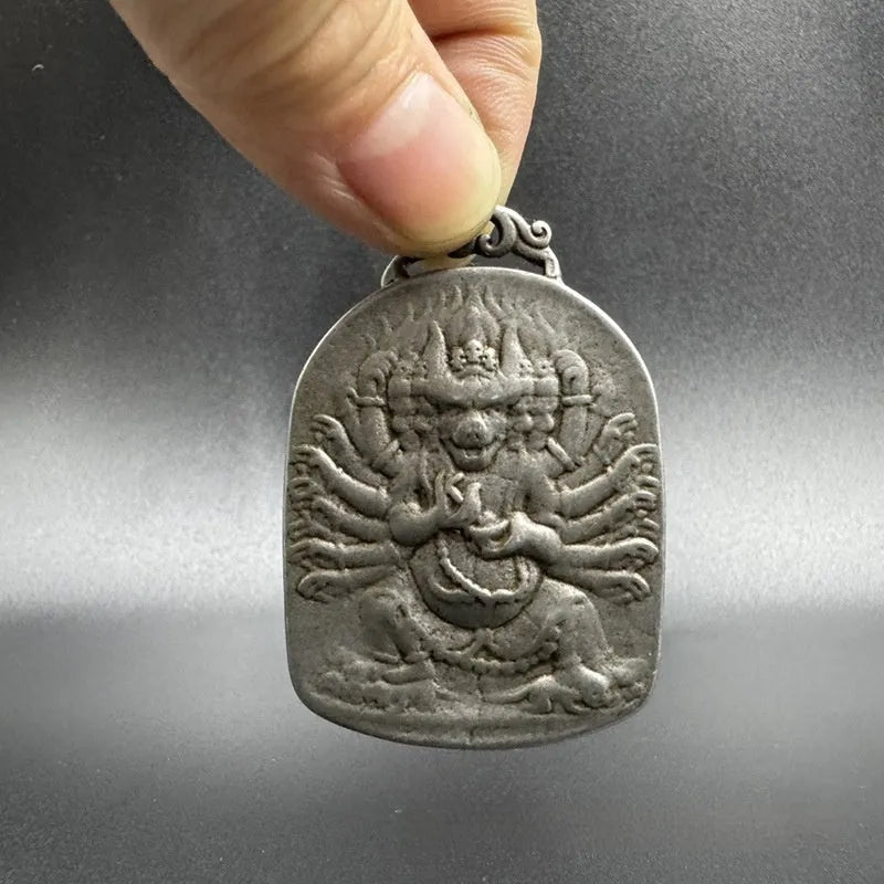 Chinese iron pendant with Aryaacalanatha and Yamantaka geometric designs as hanging wall ornament