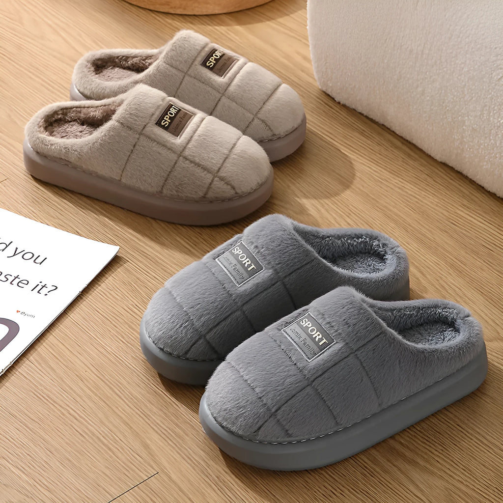 Men's grey brown household slippers with artificial wool lining and thick EVA sole