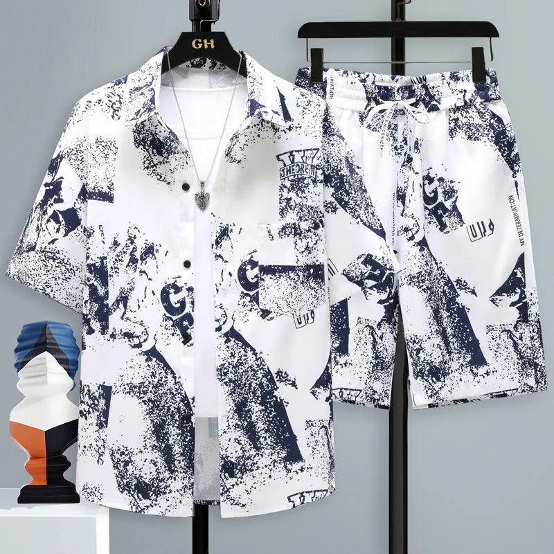 Men's casual sports two-piece set with short-sleeve top and matching shorts