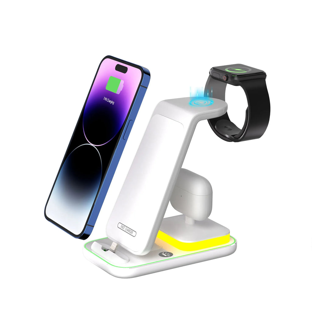 Black vertical wireless charger showing phone charging upright with 15W fast charging capability