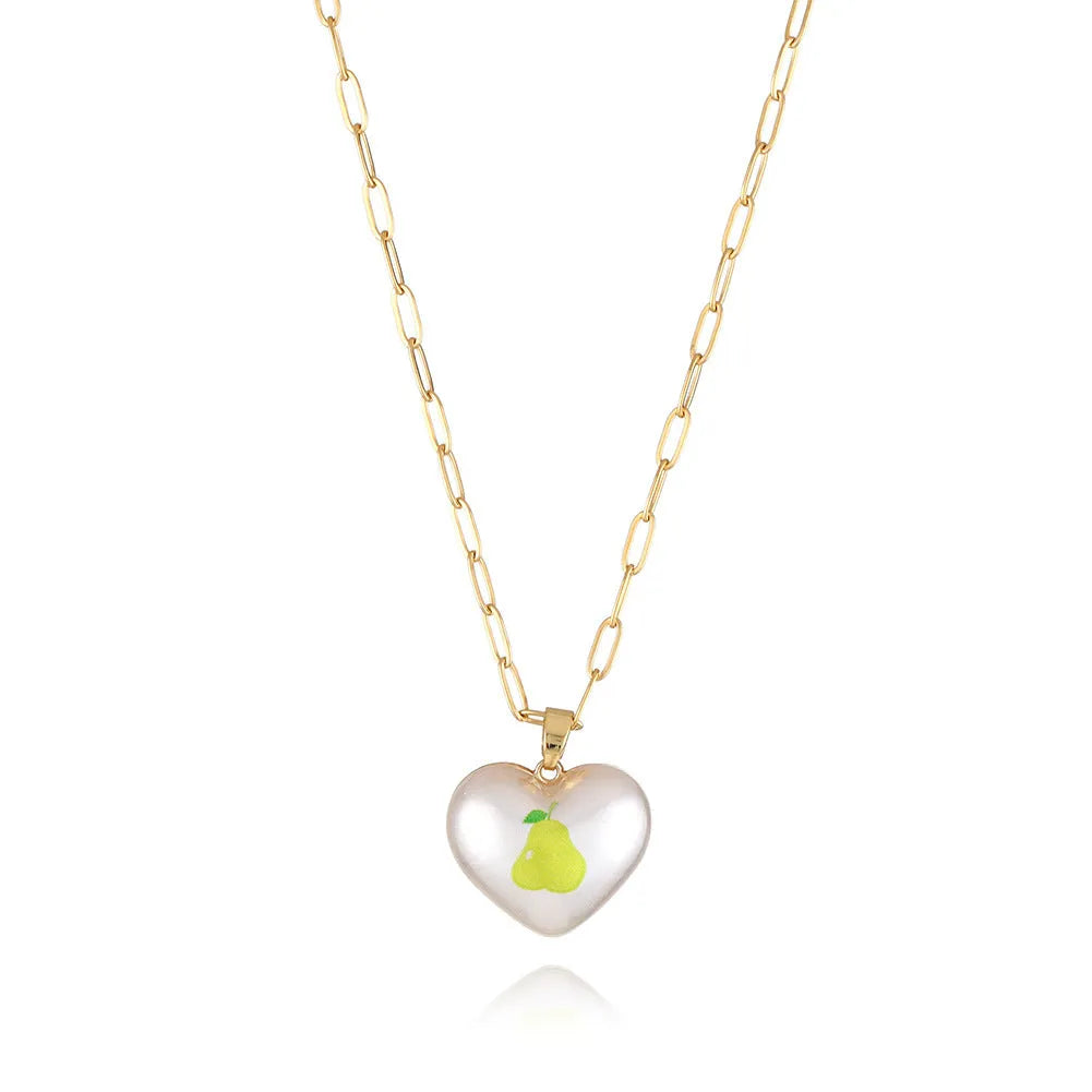 Heart-shaped necklace with a choice of fruit pendant charms on an adjustable chain.