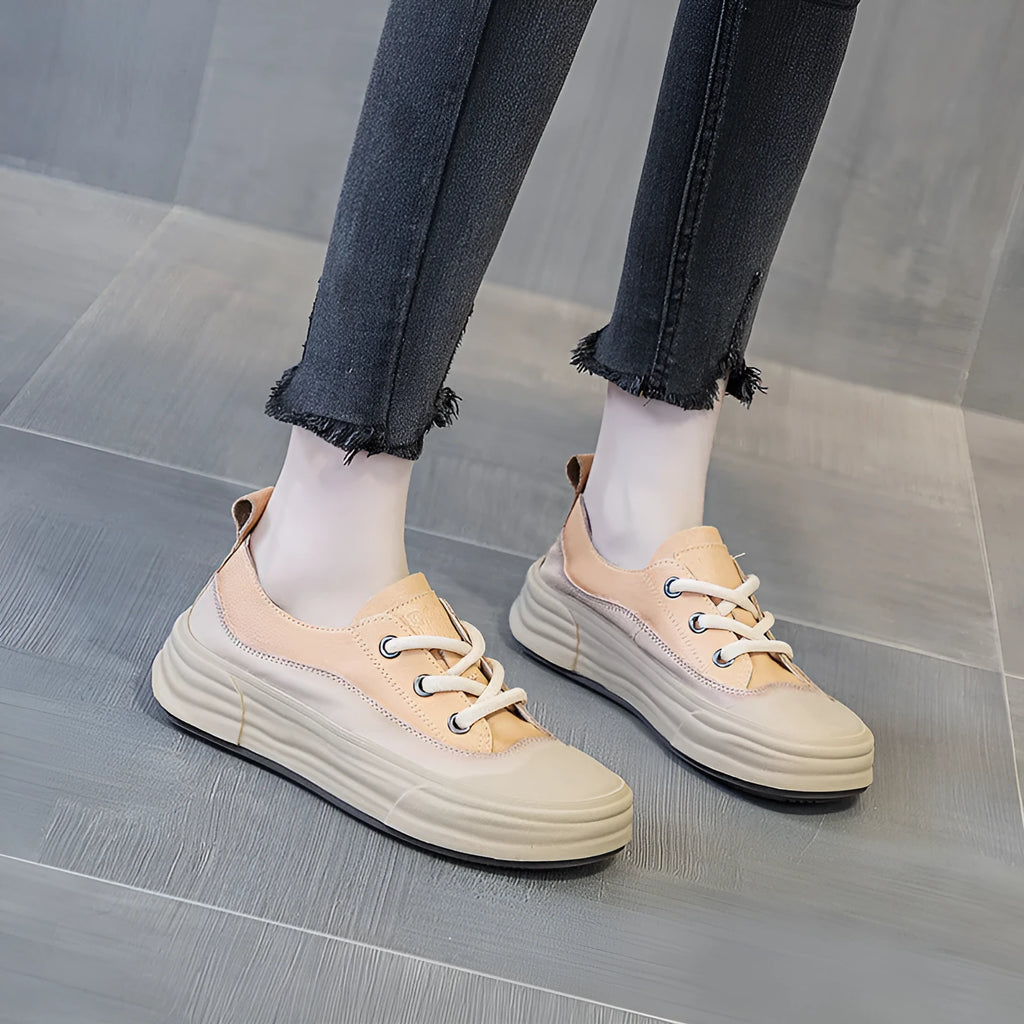 Women's cowhide leather platform sneakers in matcha green with front lace-up design.
