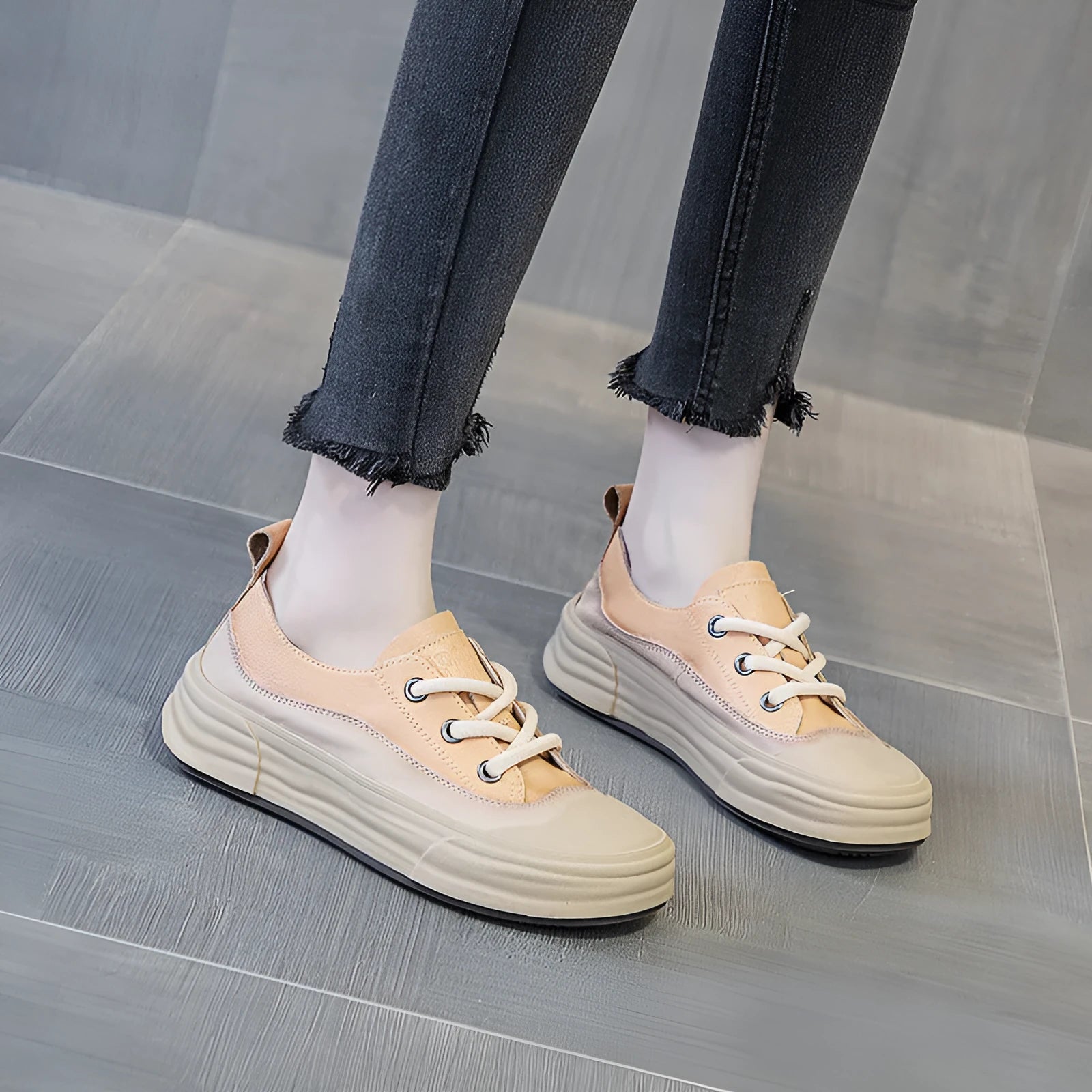 Women's cowhide leather platform sneakers in matcha green with front lace-up design.
