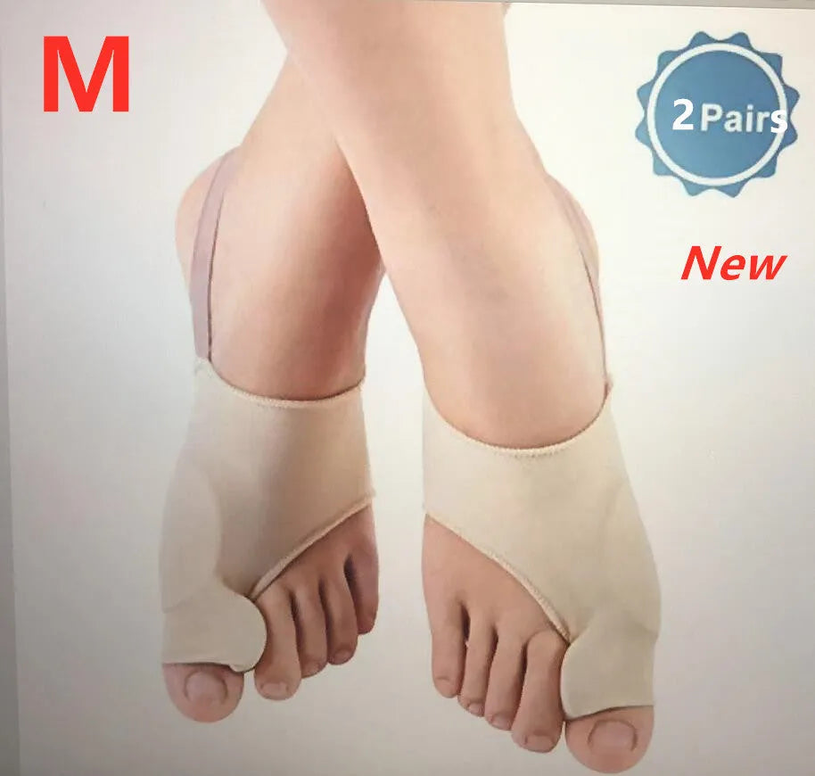 A pair of stretch fabric bunion socks with a soft gel pad and silicone toe separator in sizes small, medium, and large.