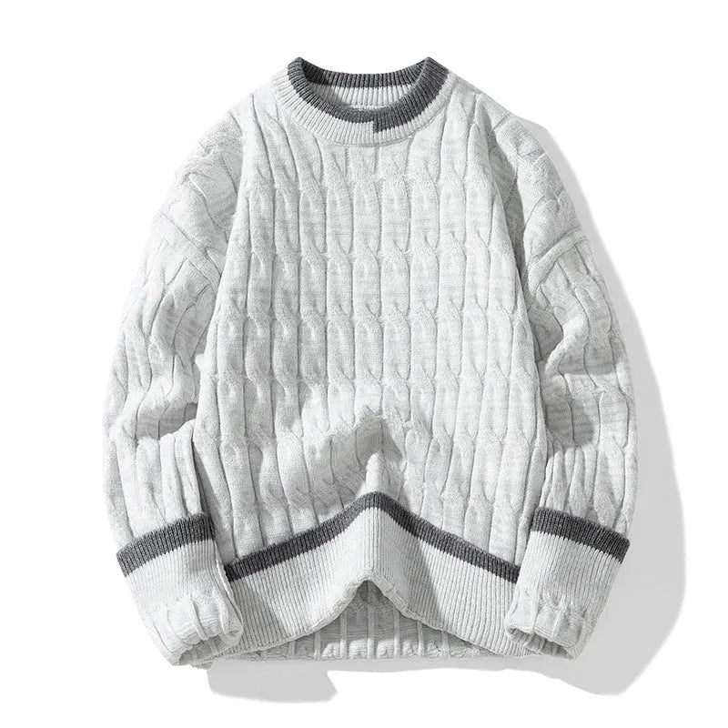 Men's loose fit two-piece acrylic modal sweater set in light blue, sporty pullover style.
