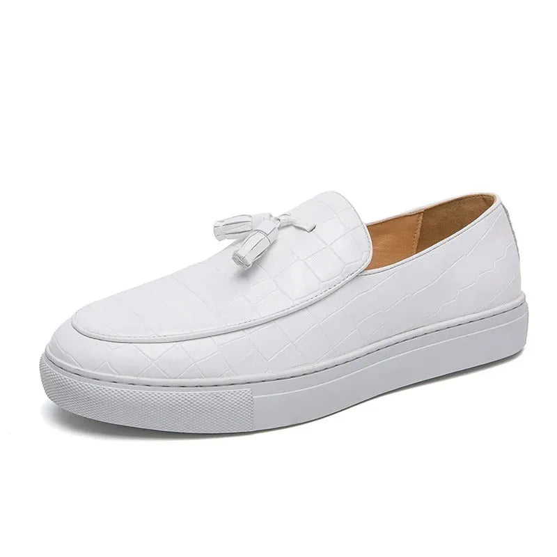 Men's black business casual sneakers with tassel detailing on artificial PU upper and rubber sole