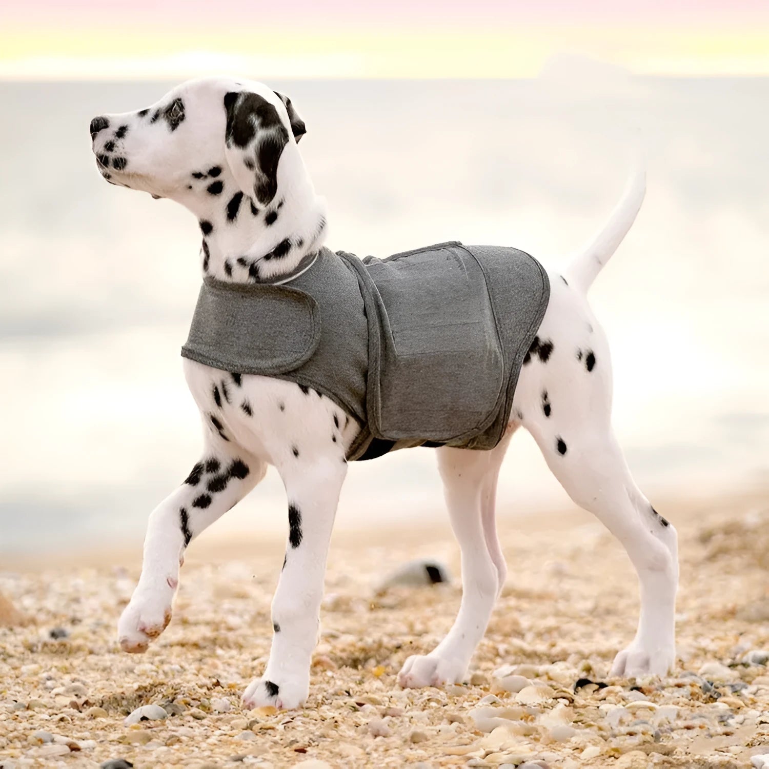 Heather grey dog anxiety jacket vest shown on medium-sized dog with brocade cotton fabric texture visible