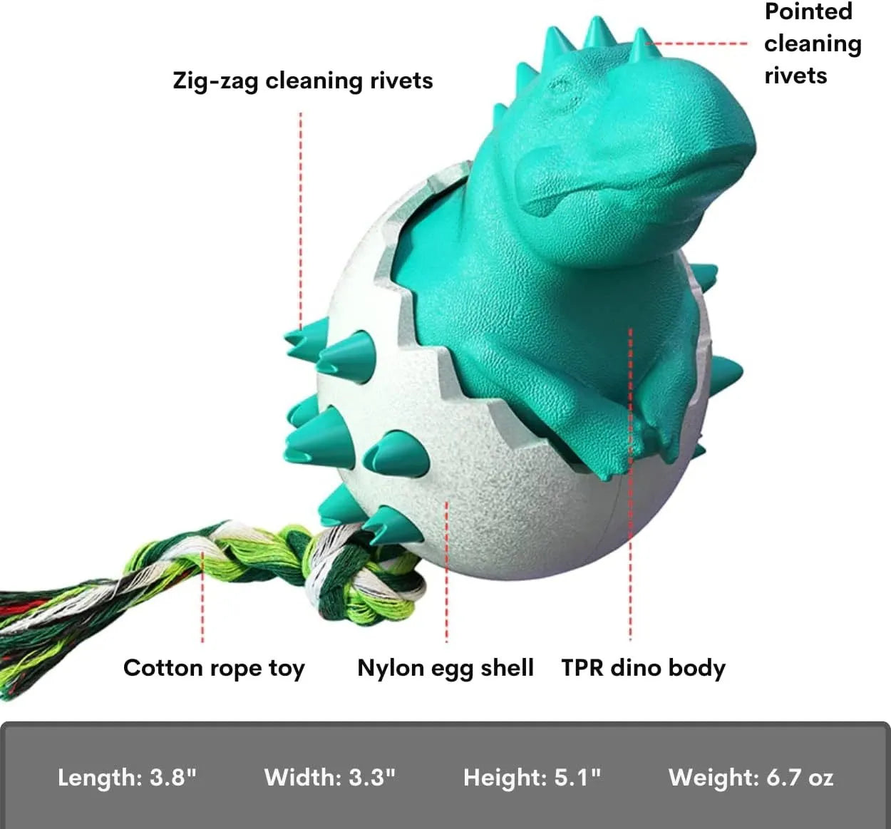 Blue durable rubber dog chew toy with dino design, rope, and textured surface for aggressive chewers.