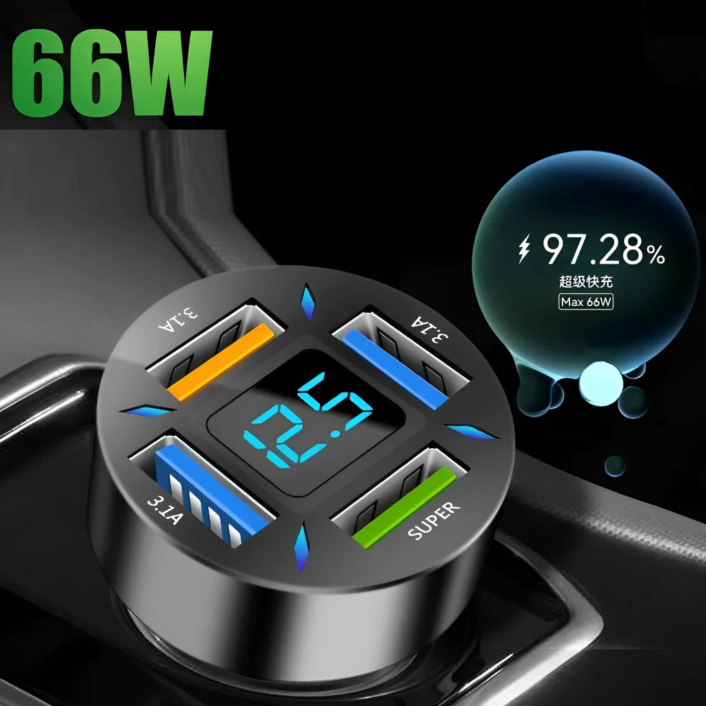 Four-port USB car charger with digital display for vehicle use