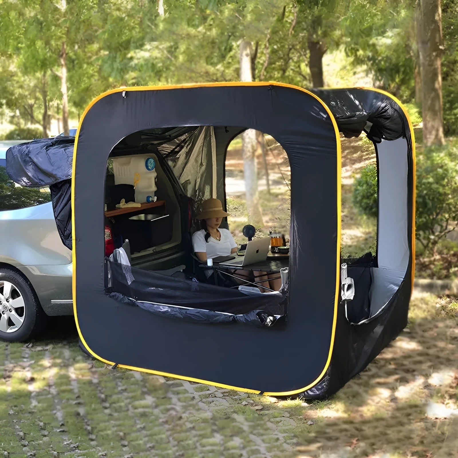 Black pop-up outdoor camping car tail tent with quick throw setup, unfolded to 200x200x200cm