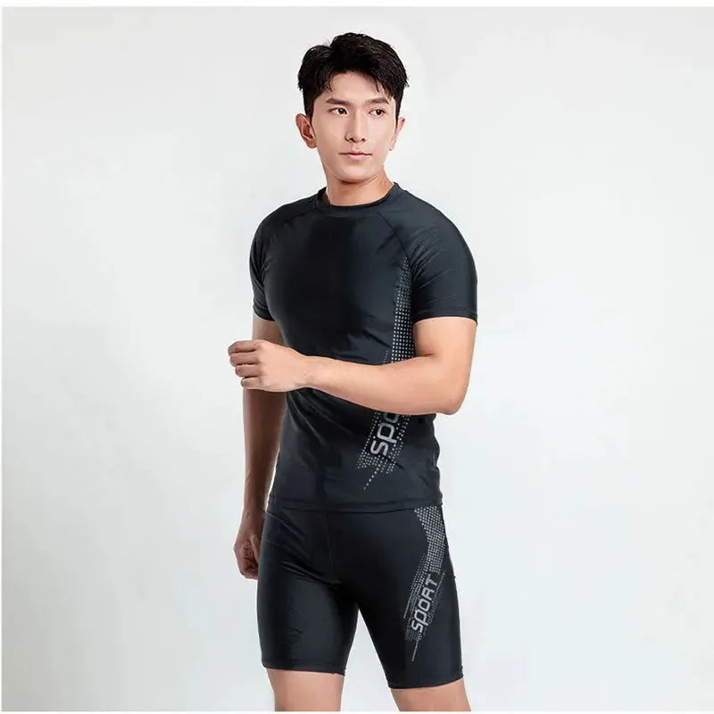 Men's polyester swimsuit set with matching top and trousers in multiple colour options