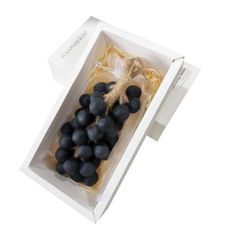 Grape handmade soap bars in black, green, purple and litchi variants showing mesh bag, gift box and long case packaging.