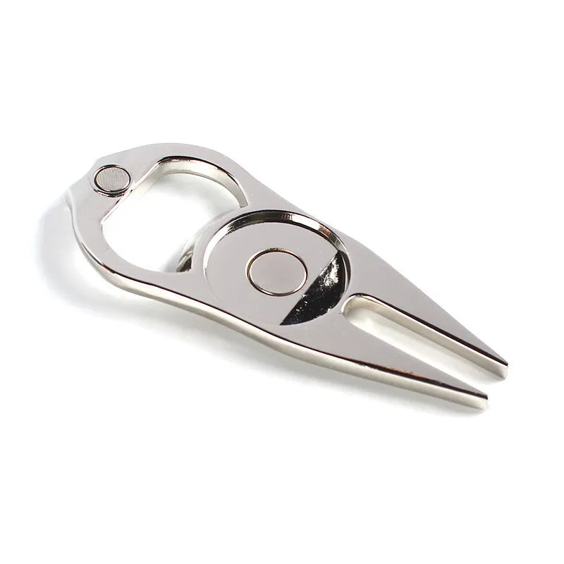 Zinc alloy golf tool with ball fork, yoke, and bottle opener functions in black, green, or silver
