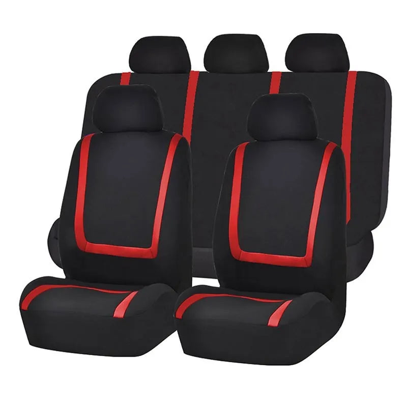 Universal car seat cover set showing fabric construction with headrest and seat protection