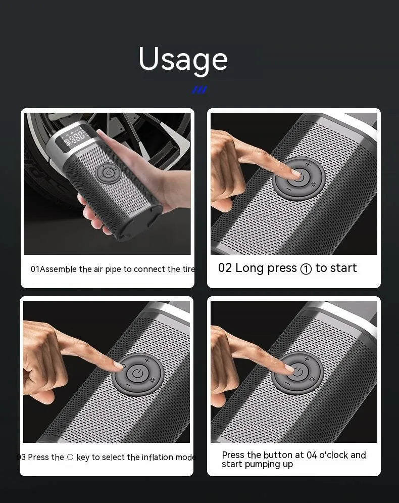 Black portable wireless smart vehicle air pump with USB-C cable and multiple nozzles on a grey background.