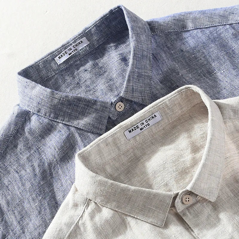 Men's linen casual shirt with square collar and short sleeves in raw jute colour