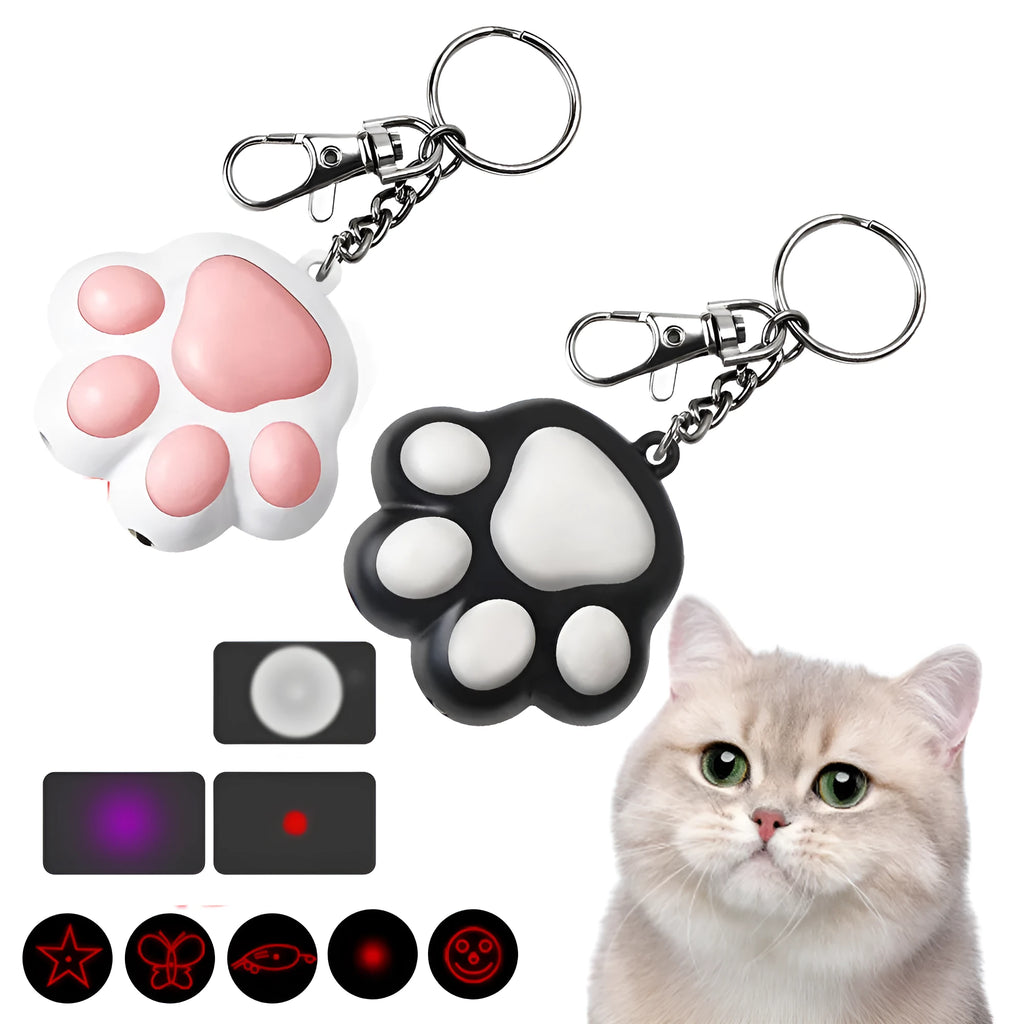 USB-rechargeable infrared cat teaser toy with keychain in black or pink plastic measuring 5x2.5cm
