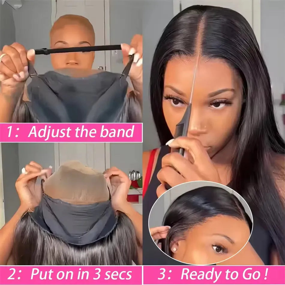Glueless human hair straight wig with side bangs shown in natural styling