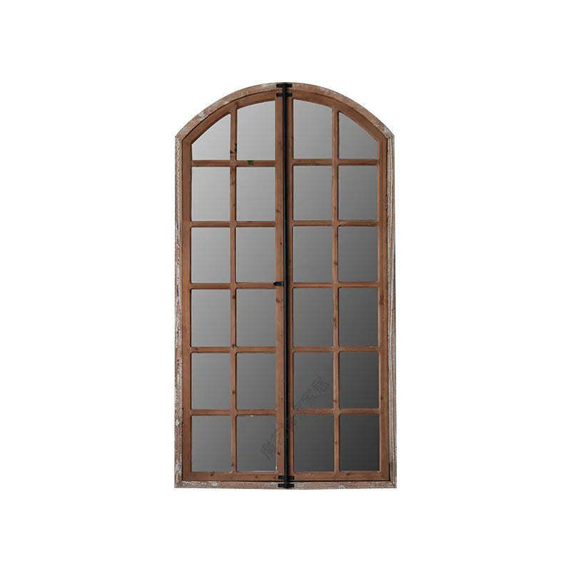 Distressed wooden frame fake window wall mirror with glass panel in log colour