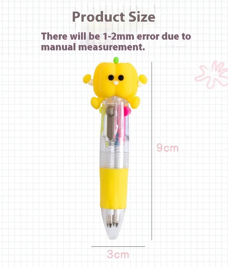 A four-colour ballpoint pen with a press top and a colourful cartoon silicone grip, showing one of five random designs.