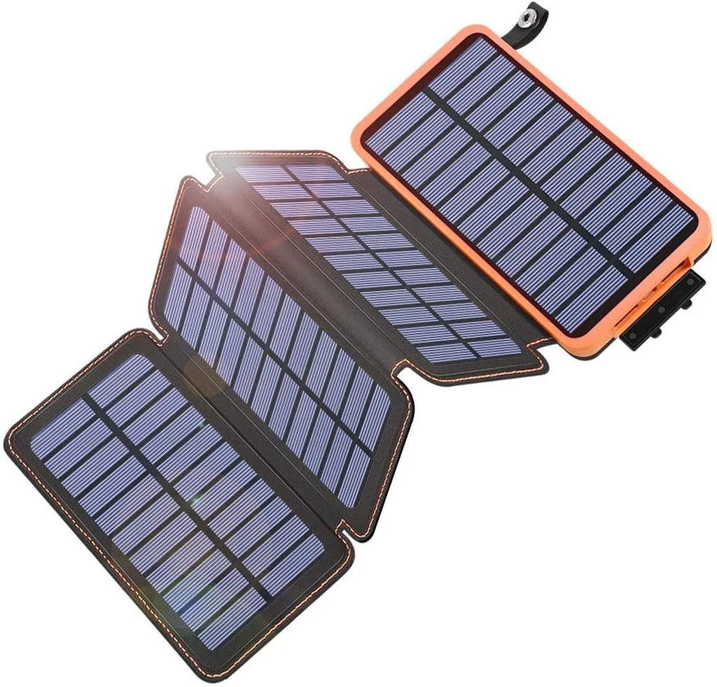 Black solar power bank with a solar panel, LED light, USB ports, and a soft leather casing.