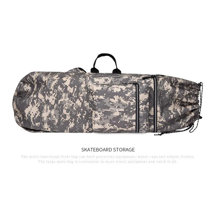 Waterproof nylon skateboard backpack with 20-35L capacity shown in camouflage colour option