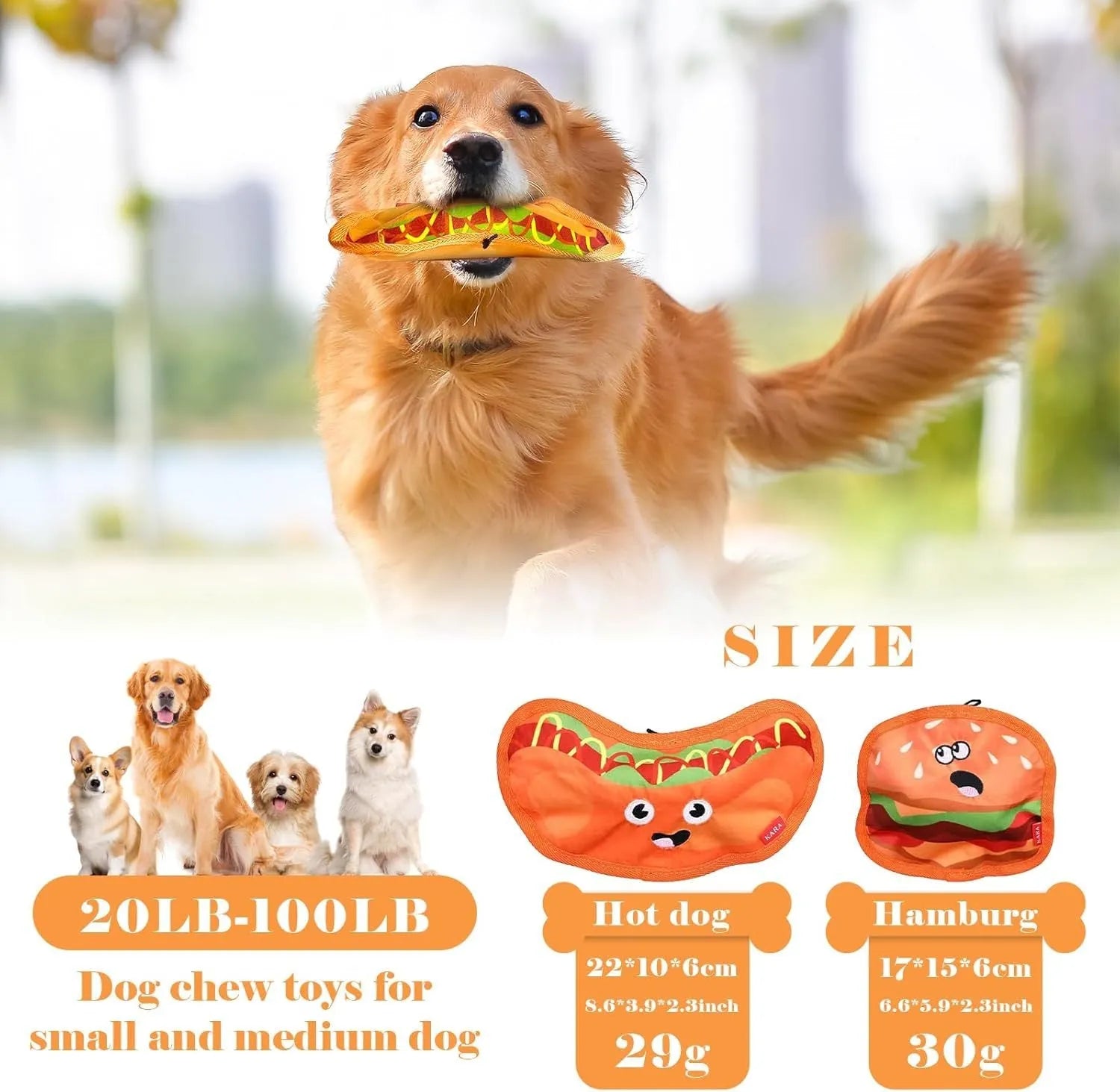 Hamburger-shaped dog chew toy in vivid colours showing crinkle and squeak features for interactive play.