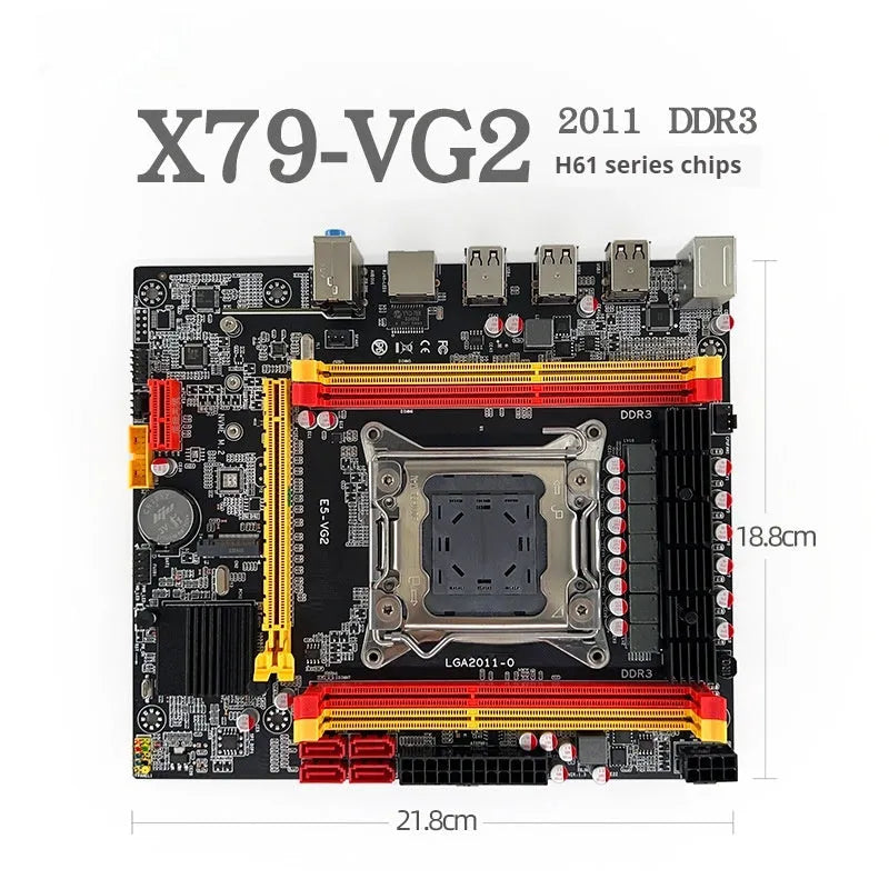 X79-VG2 desktop motherboard showing LGA 2011 socket, DDR3 slots, and expansion interfaces