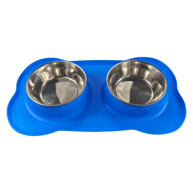Large elevated silicone dog bowl with stainless steel insert in choice of colours on a kitchen floor.